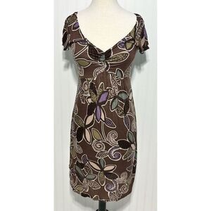 Boden Dress Floral Print Slip On Sheath Style V Neck Mini Length Brown Purple 6‎